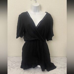 Lily Rose smocked waist Boho Blouse Womens M Black Peasant Top Short Sleeve Y‌